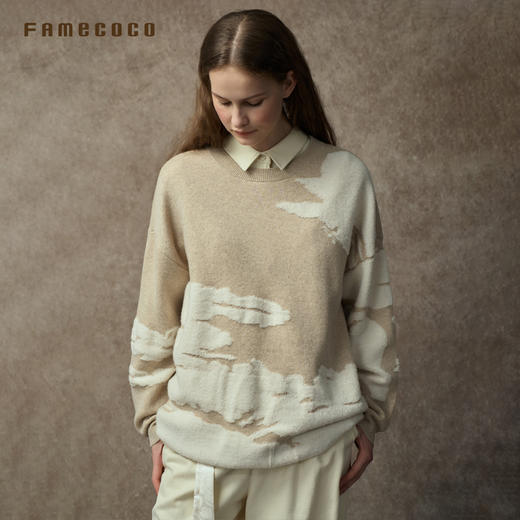 Famecoco范可儿落肩圆领套头钩花羊毛衫FAC8DB008 商品图1