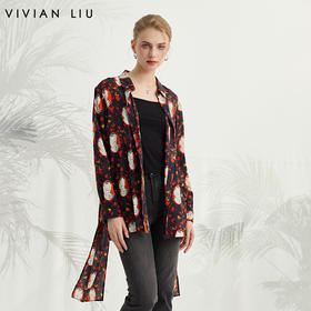 VIVIAN LIU D2433005新款小翻领后摆开叉前摆不对称长款印花衬衫