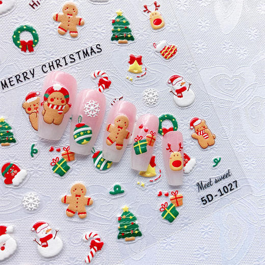 【9.9抢！圣诞快乐浮雕贴纸】姜饼人麋鹿铃铛5D浮雕美甲圣诞，圣诞老人美甲贴纸手绘雪花指甲贴QQ直播引流品 商品图6