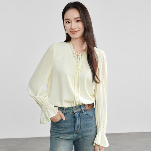 【内购】法式木耳边V领梭织乱麻轻盈雪纺衫通勤荷叶边V领直身廓形衬衣-57909 商品图2