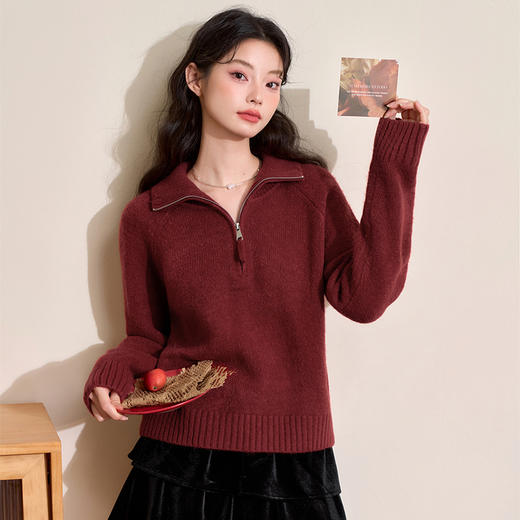 西遇短款立领半拉链毛衣女冬季新款简约设计感百搭针织衫D0043996 商品图2