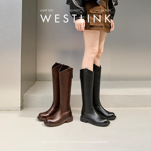 西遇粗跟长筒靴女加绒新款冬季V口骑士靴显瘦黑色高筒长靴子D0047822 商品图0