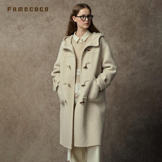 Famecoco范可儿牛角扣连帽双面呢羊毛大衣FAC8AQ016 商品图1