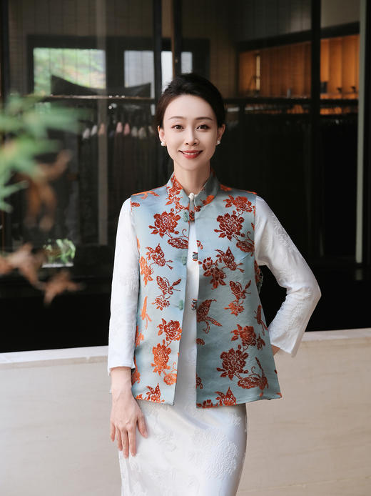 盛唐牡丹|铁锈红绒色真丝漳缎马甲(里料蝶恋花) 商品图1