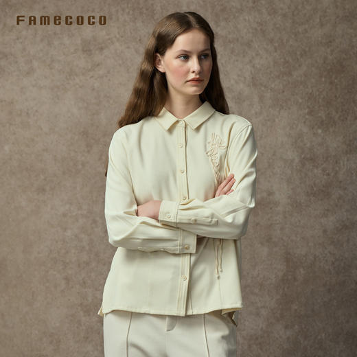 Famecoco范可儿绣花磨毛斜纹衬衣宽松直身慵懒风衬衫简约新中式FAC8BH011 商品图1