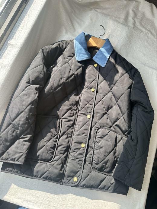 贝壳三 撞色翻领牛仔拼接菱格绗缝棉服大口袋直筒女士棉衣A110431 商品图1