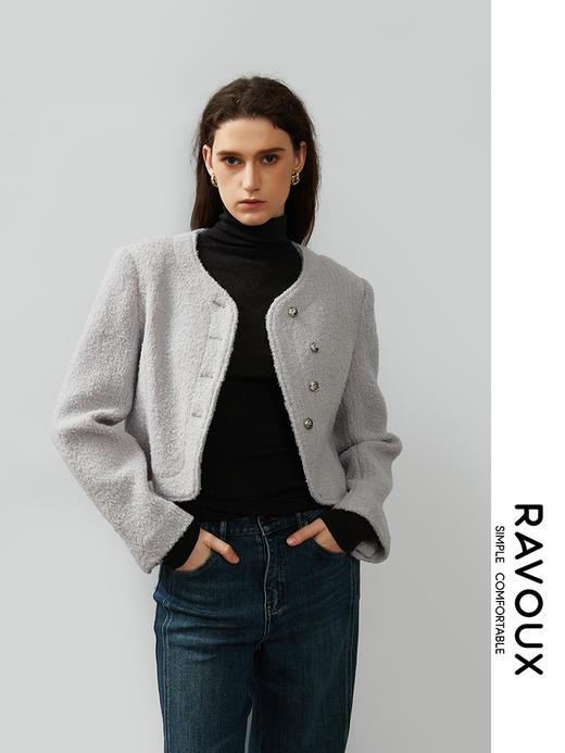 264419906弧形下摆羊毛混纺短款外套 商品图3