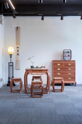 红桥红  家具严选  缅甸花梨（大果紫檀）【石面 78 仿故宫文竹 方桌五件套】