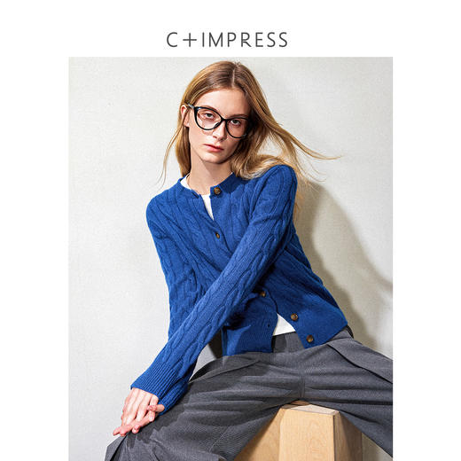 西嘉90S复古粗针绞花短款直角肩开衫毛衣2024冬新MY2404038 商品图0