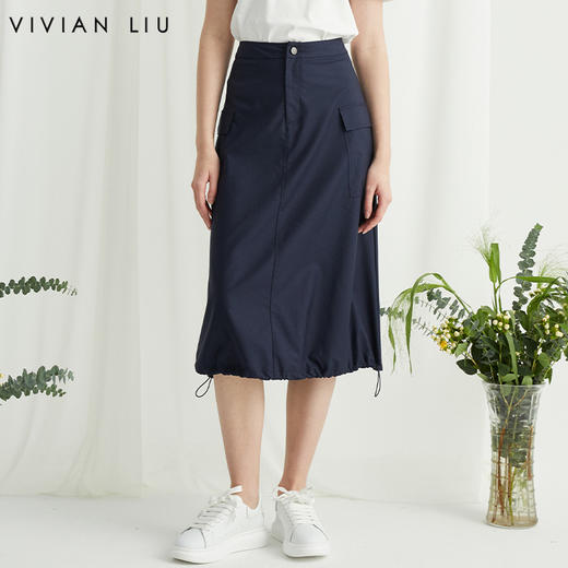 VIVIAN LIU R2414002梅春女装新款时尚腰部系扣下摆抽绳A字半裙 商品图0