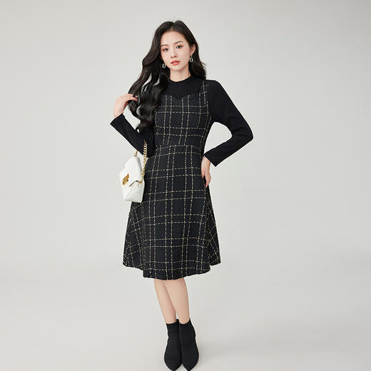 奢姿2024年冬季新款大码女装减龄格纹拼接连衣裙胖妹妹时尚裙子 商品图4
