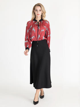 LIZZY 复古时尚洋气动物印花重磅真丝水滴领撞色立领女衬衫7939