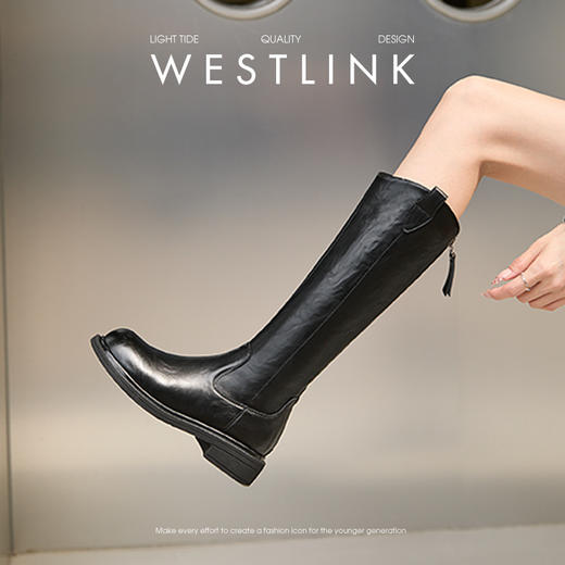 西遇粗跟长筒靴女加绒新款冬季V口骑士靴显瘦黑色高筒长靴子D0047822 商品图3