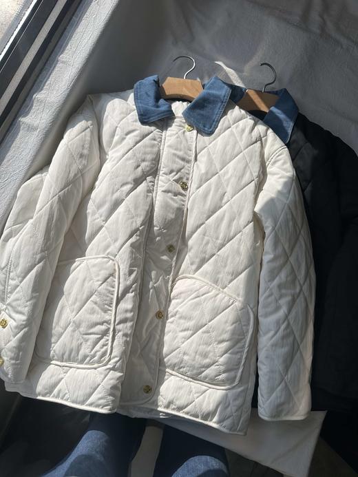 贝壳三 撞色翻领牛仔拼接菱格绗缝棉服大口袋直筒女士棉衣A110431 商品图0