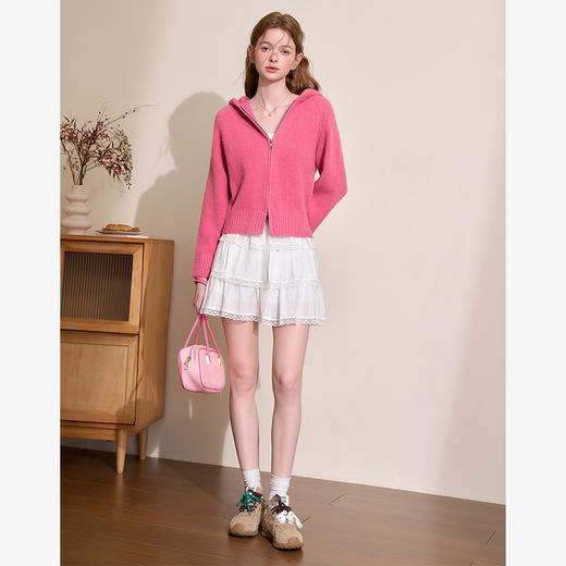 西遇双拉链连帽开衫外套女冬季新款慵懒风简约纯色百搭毛衣D0043976 商品图1