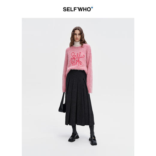 SELFWHO羊毛混纺灰色百褶半身裙女2024秋冬新款高腰宽松通勤a字裙 商品图1