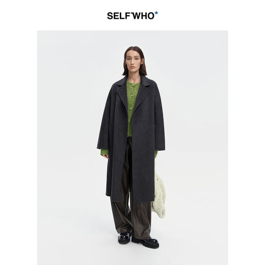 SELFWHO羊毛羊绒双面呢大衣中长款女2024冬季无扣浴袍款宽松外套 商品图2