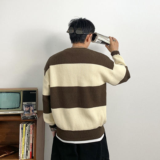 徐太浪时尚拼色条纹套头圆领毛衣男冬季潮牌男装保暖内搭打底上衣 商品图3