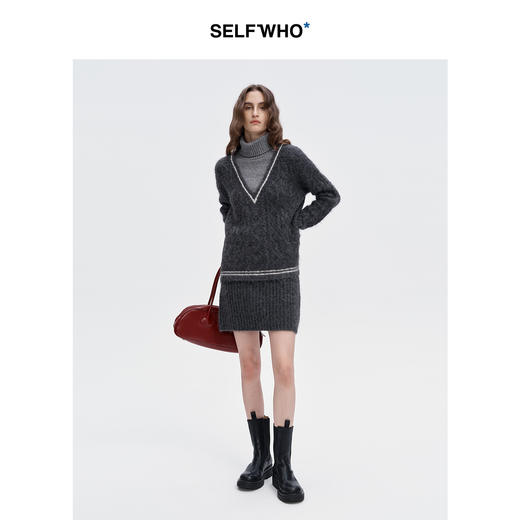 SELFWHO羊驼毛混纺假两件针织衫短裙两件套女2024冬经典百搭套装 商品图3