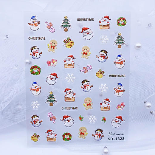 【9.9抢！圣诞快乐浮雕贴纸】姜饼人麋鹿铃铛5D浮雕美甲圣诞，圣诞老人美甲贴纸手绘雪花指甲贴QQ直播引流品 商品图7