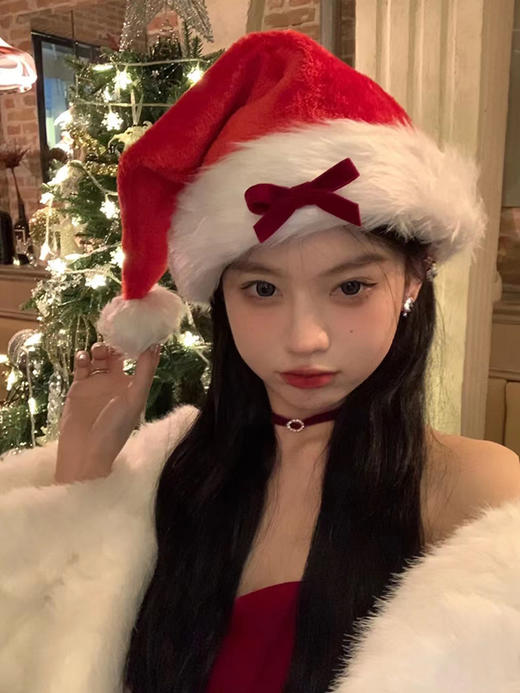 【圣诞帽装饰！点缀节日气氛】圣诞帽装饰蝴蝶结圣诞礼物红色长绒圣诞帽子网红圣诞节礼物布置。ry 商品图1