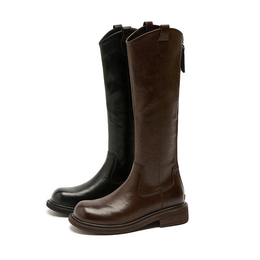 西遇粗跟长筒靴女加绒新款冬季V口骑士靴显瘦黑色高筒长靴子D0047822 商品图4