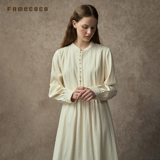 Famecoco范可儿中式小立领棉质加厚高腰长裙复古文艺打底连衣裙FAC8FA009 商品图1