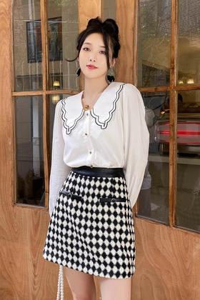 amadella 黑白菱形高腰拼皮半裙 14158