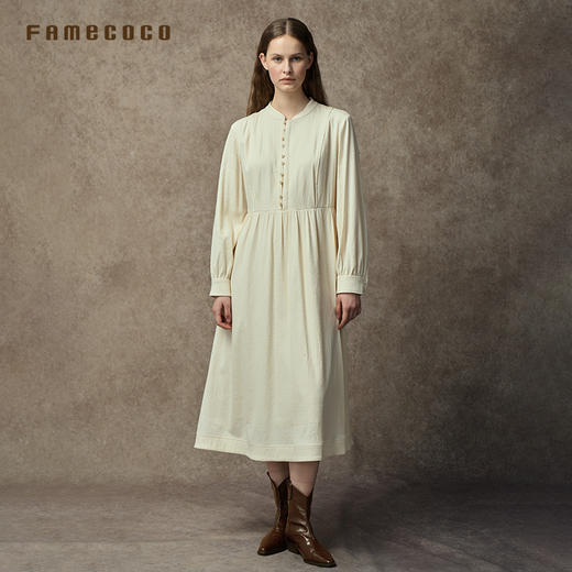 Famecoco范可儿中式小立领棉质加厚高腰长裙复古文艺打底连衣裙FAC8FA009 商品图0