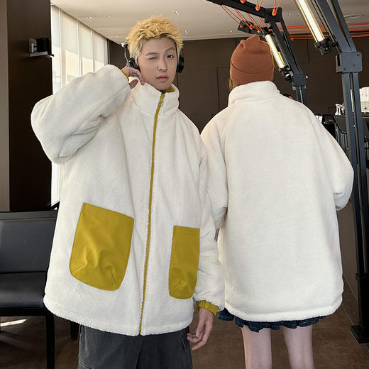 【GZ】无忧购韩版立领条纹拼接羊羔绒情侣款双面穿棉服1071（截单后7天发货)25年清仓捡漏 商品图2