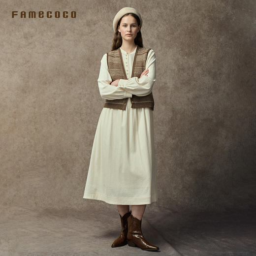 Famecoco范可儿中式小立领棉质加厚高腰长裙复古文艺打底连衣裙FAC8FA009 商品图4