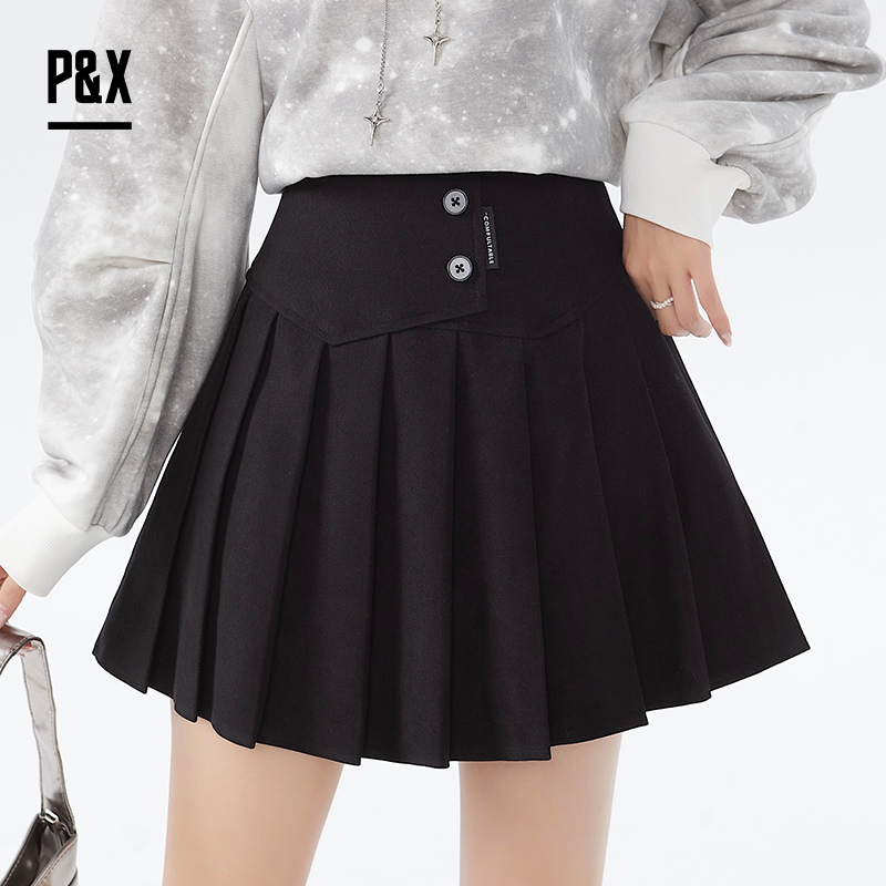 P&X设计师女装冬季小个子显瘦百搭A字半身短裙 824407093 黑色