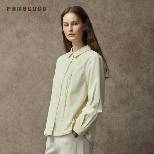 Famecoco范可儿绣花磨毛斜纹衬衣宽松直身慵懒风衬衫简约新中式FAC8BH011 商品图2
