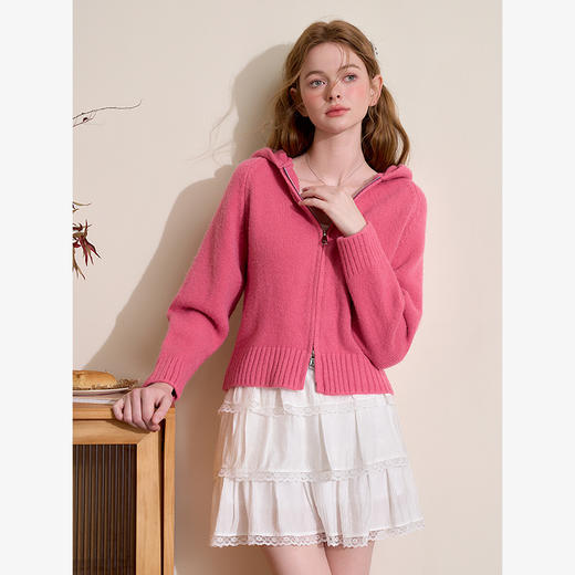 西遇双拉链连帽开衫外套女冬季新款慵懒风简约纯色百搭毛衣D0043976 商品图3