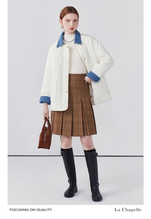 贝壳三 撞色翻领牛仔拼接菱格绗缝棉服大口袋直筒女士棉衣A110431 商品图6