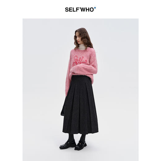 SELFWHO羊毛混纺灰色百褶半身裙女2024秋冬新款高腰宽松通勤a字裙 商品图2