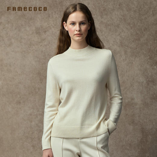 Famecoco范可儿纯色螺纹半高领长袖套头毛衣H版型圆领简约羊毛衫FAC8DB009 商品图0