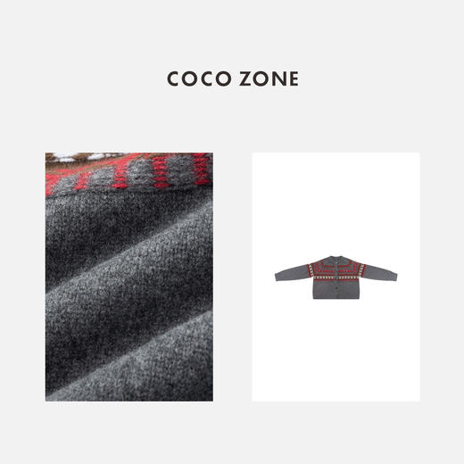 COCO ZONE 100绵羊毛慵懒风拼色圆领针织开衫CC1D2518 商品图2