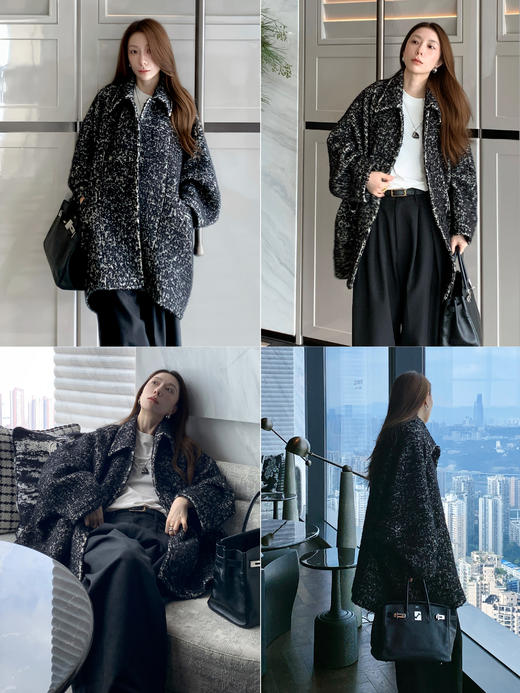 HIDEMI 【孟子义同款】极简大廓形伞状澳毛粗花呢花纱全羊毛翻领落肩厚款纽扣大衣 芝麻黑灰/奶油灰 商品图6