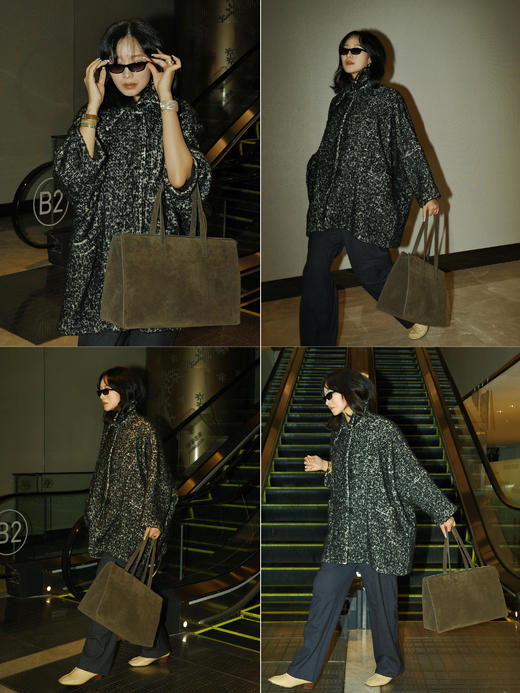 HIDEMI 【孟子义同款】极简大廓形伞状澳毛粗花呢花纱全羊毛翻领落肩厚款纽扣大衣 芝麻黑灰/奶油灰 商品图4