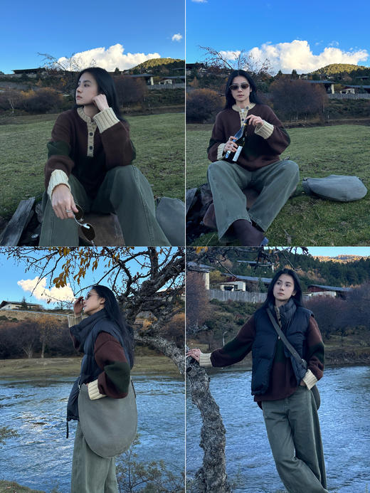 HIDEMI 进口澳洲美利奴羊毛趣味手绘拼色加厚款廓形松弛感亨利领大毛衣 蓝灰色\棕绿色 商品图3