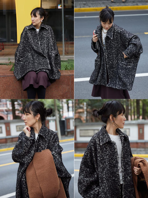 HIDEMI 【孟子义同款】极简大廓形伞状澳毛粗花呢花纱全羊毛翻领落肩厚款纽扣大衣 芝麻黑灰/奶油灰 商品图7