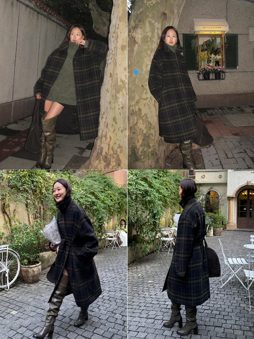 HIDEMI 【赵露思同款】极简大廓形色织格纹羊毛翻领可拆卸腰带式落肩宽松长款厚款大衣 商品图5