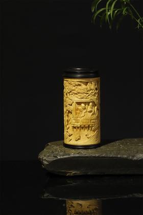 兰亭雅集°黄杨木雕茶叶罐