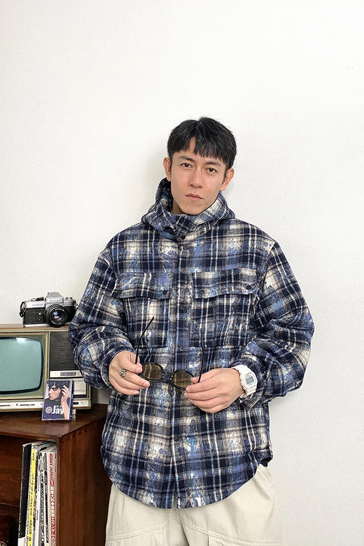 徐太浪重工品质扎染格纹连帽棉衣男秋冬保暖二棉外套新款百搭棉服 商品图4