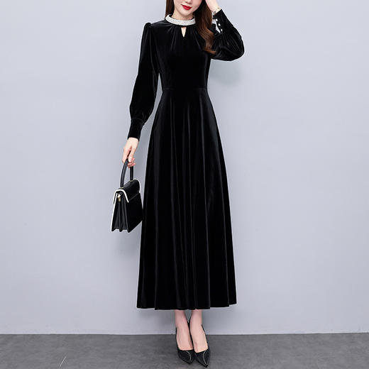 雀说赫本风金丝绒连衣裙新款立领镂空拼接胖mm显瘦小黑裙AL8877 商品图3