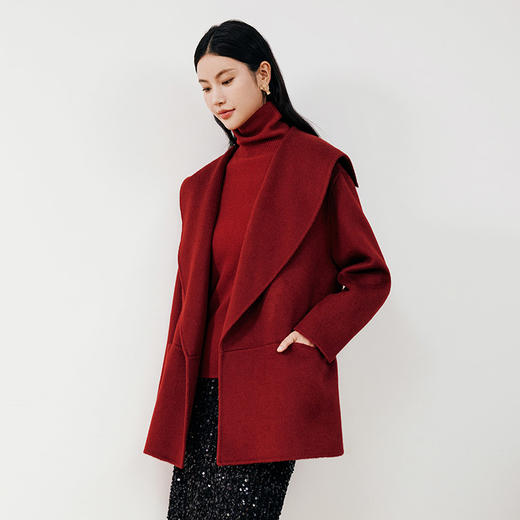 玳莎大翻领双面呢外套女秋冬新款气质通勤风宫墙红羊毛大衣  ED37311 商品图2