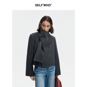SELFWHO澳洲进口绵羊毛羊驼毛双面呢围巾领短外套女2024冬款大衣
