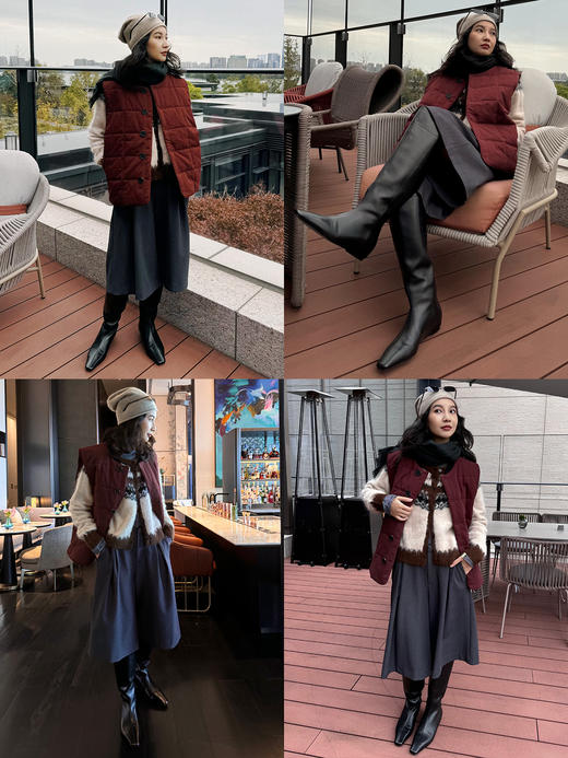 HIDEMI 【辛芷蕾同款】极简立领灯芯绒拼接绗缝菱格纹夹棉保暖棉服 黑色/酒红色 马甲背心/长袖外套 商品图4