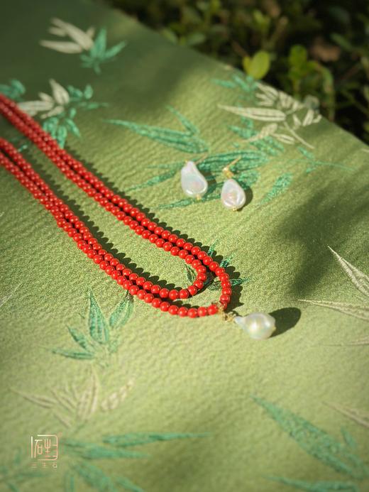 高含量朱砂圆珠长链+巴洛克珍珠吊坠、耳饰 商品图6